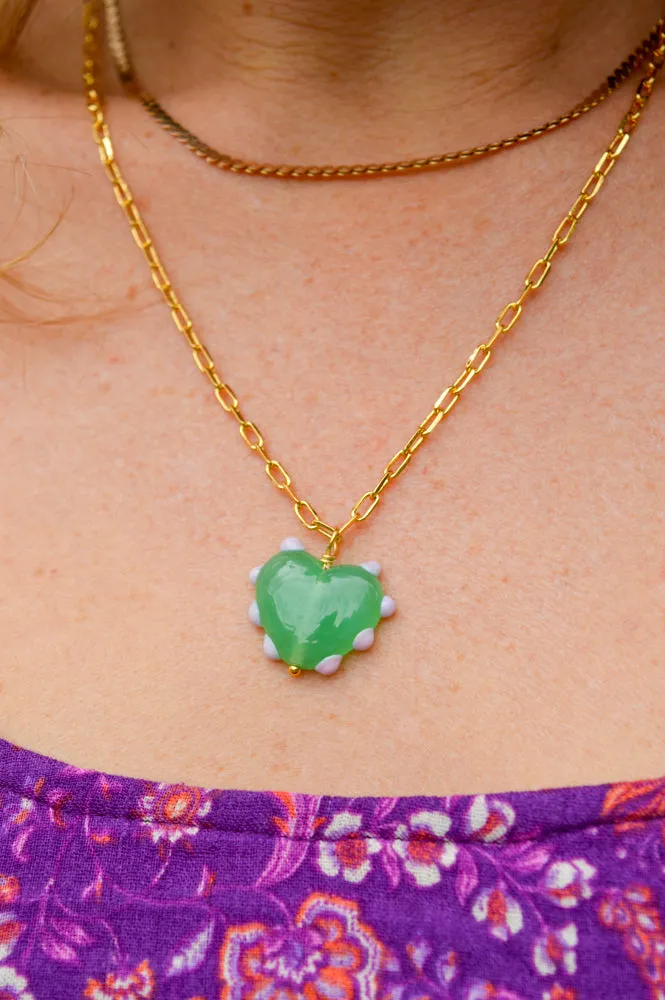 Sandralexandra Milagros Jade & Pink Dot Heart & Link Chain Necklace