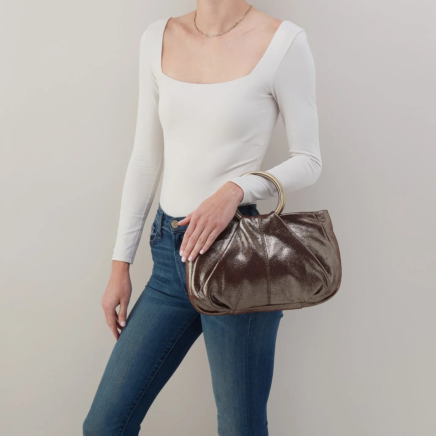 Sheila Ring Satchel In Metallic Leather - Coffee Galaxy