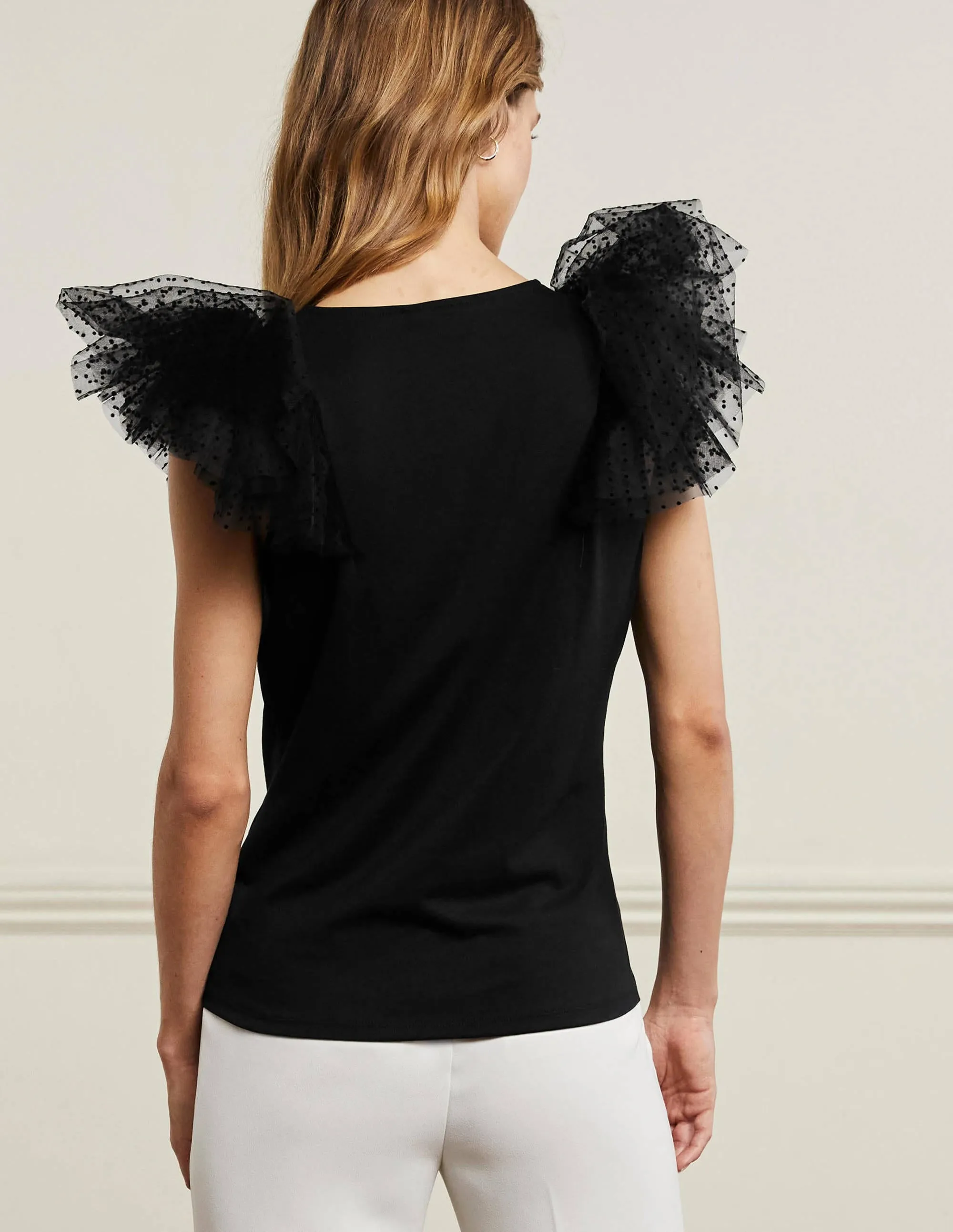Tulle Shoulder Jersey Top-Black