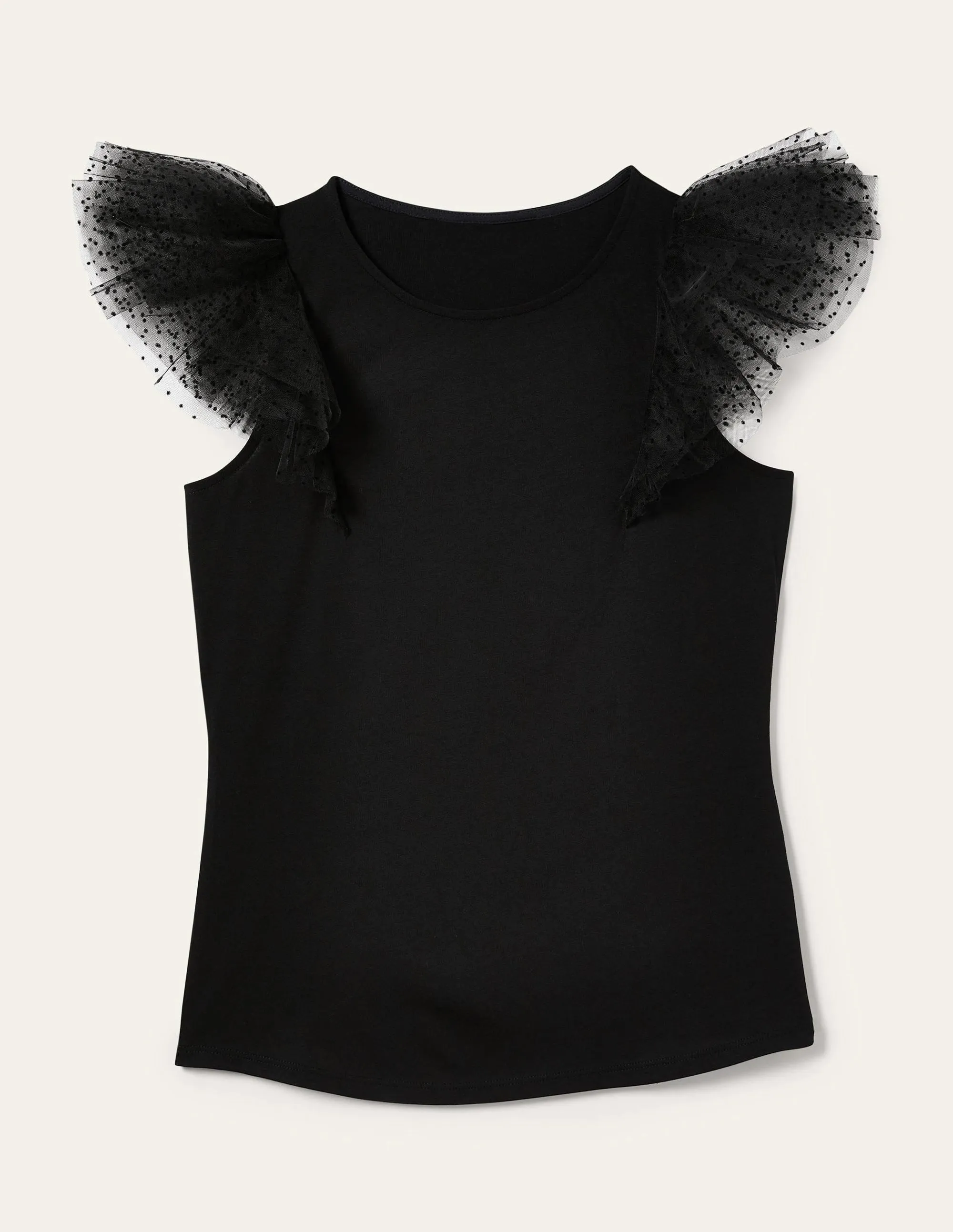 Tulle Shoulder Jersey Top-Black