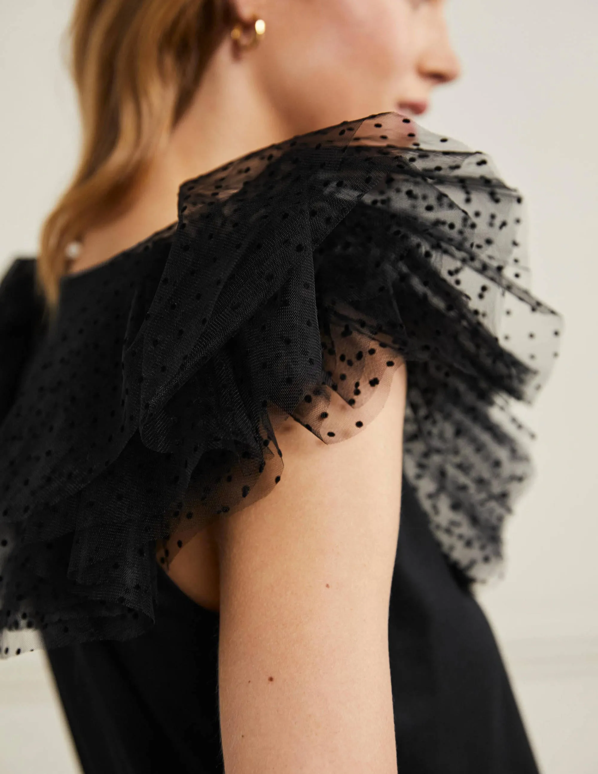 Tulle Shoulder Jersey Top-Black