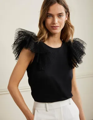 Tulle Shoulder Jersey Top-Black